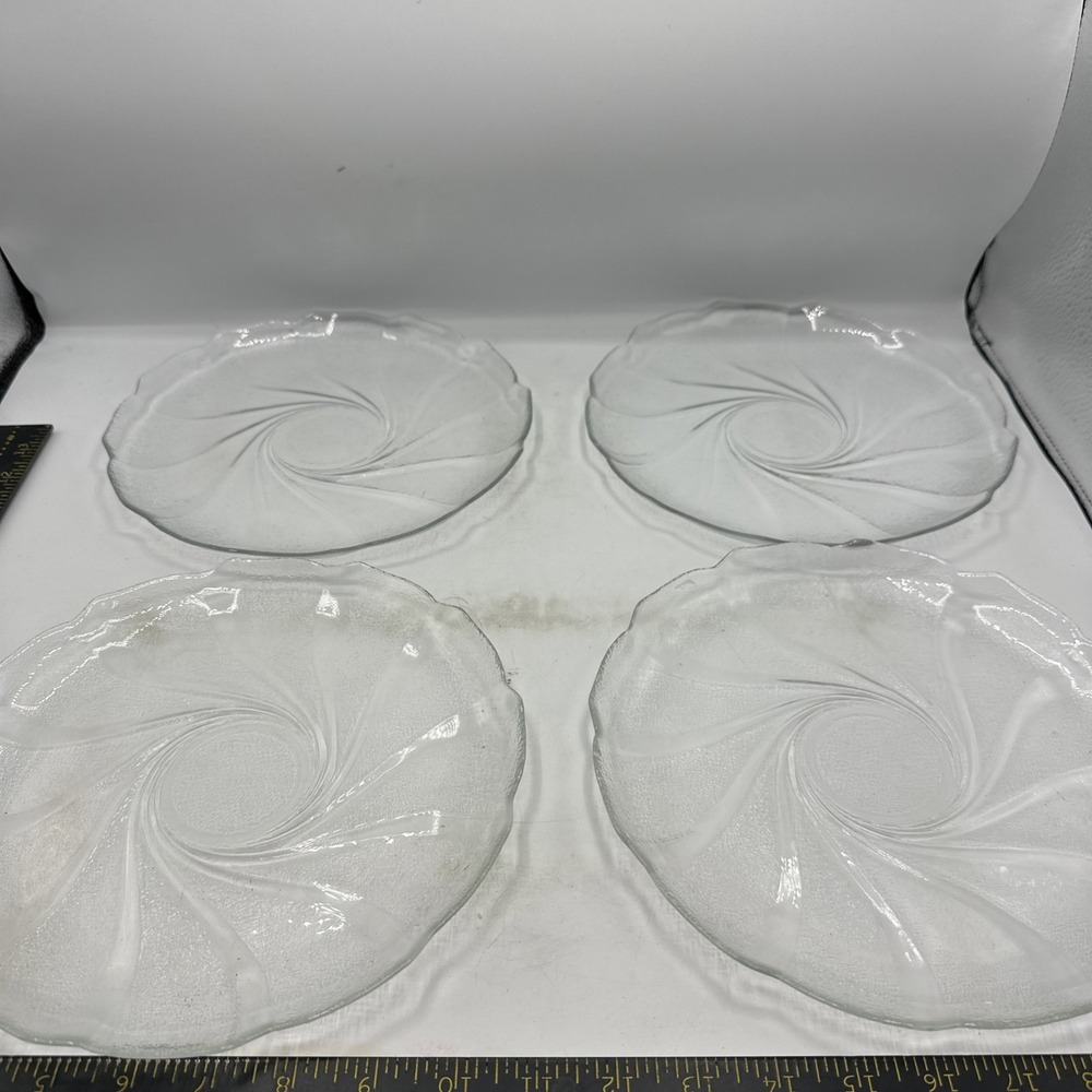 Arcoroc France Glass Dinner Plates 9.5" Clear Swirl Pattern Scalloped Set Of 4